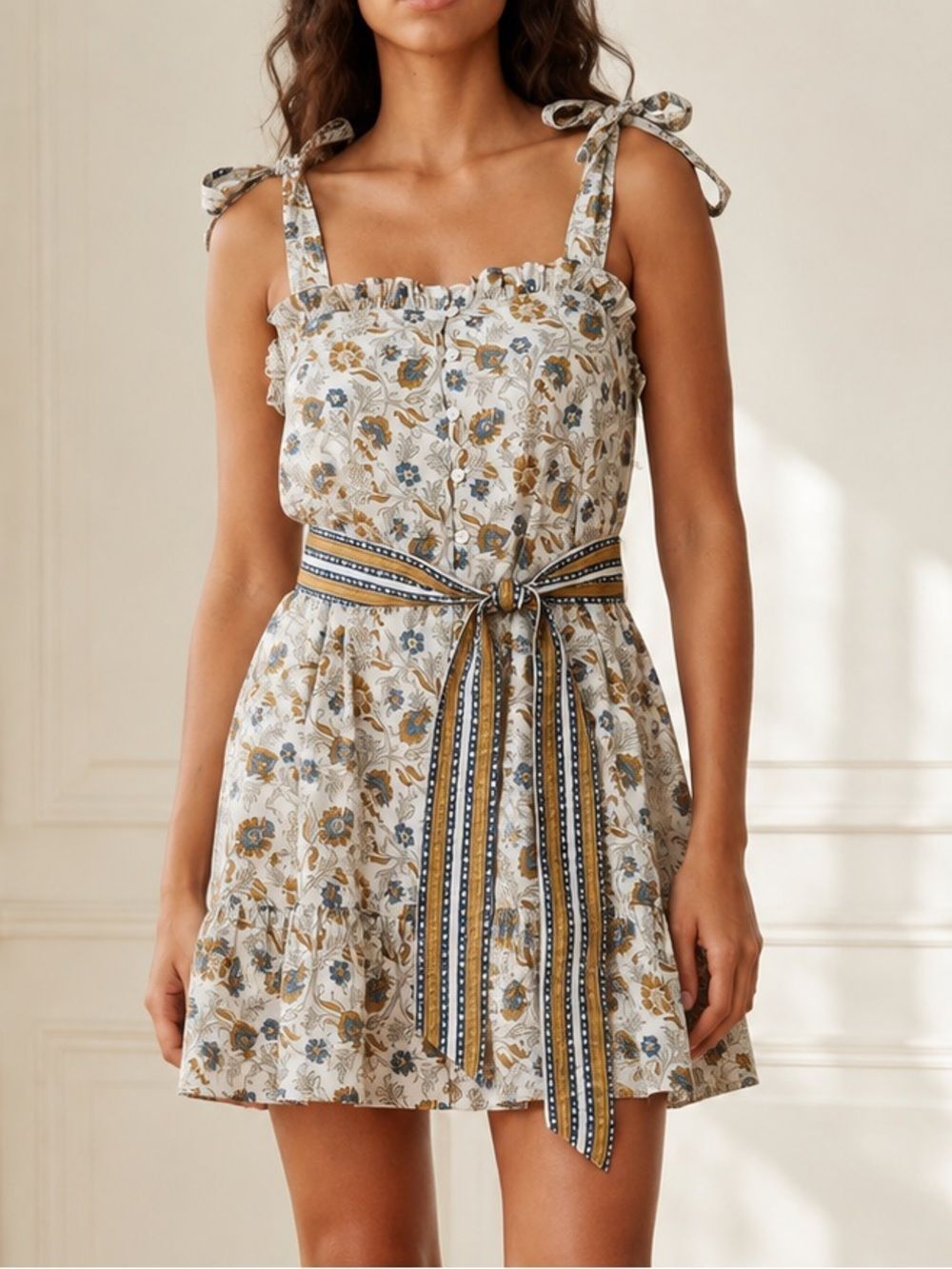 Cleobella Tillie Mini Dress Large Floral Polka Organic Cotton Tie Strap Belted